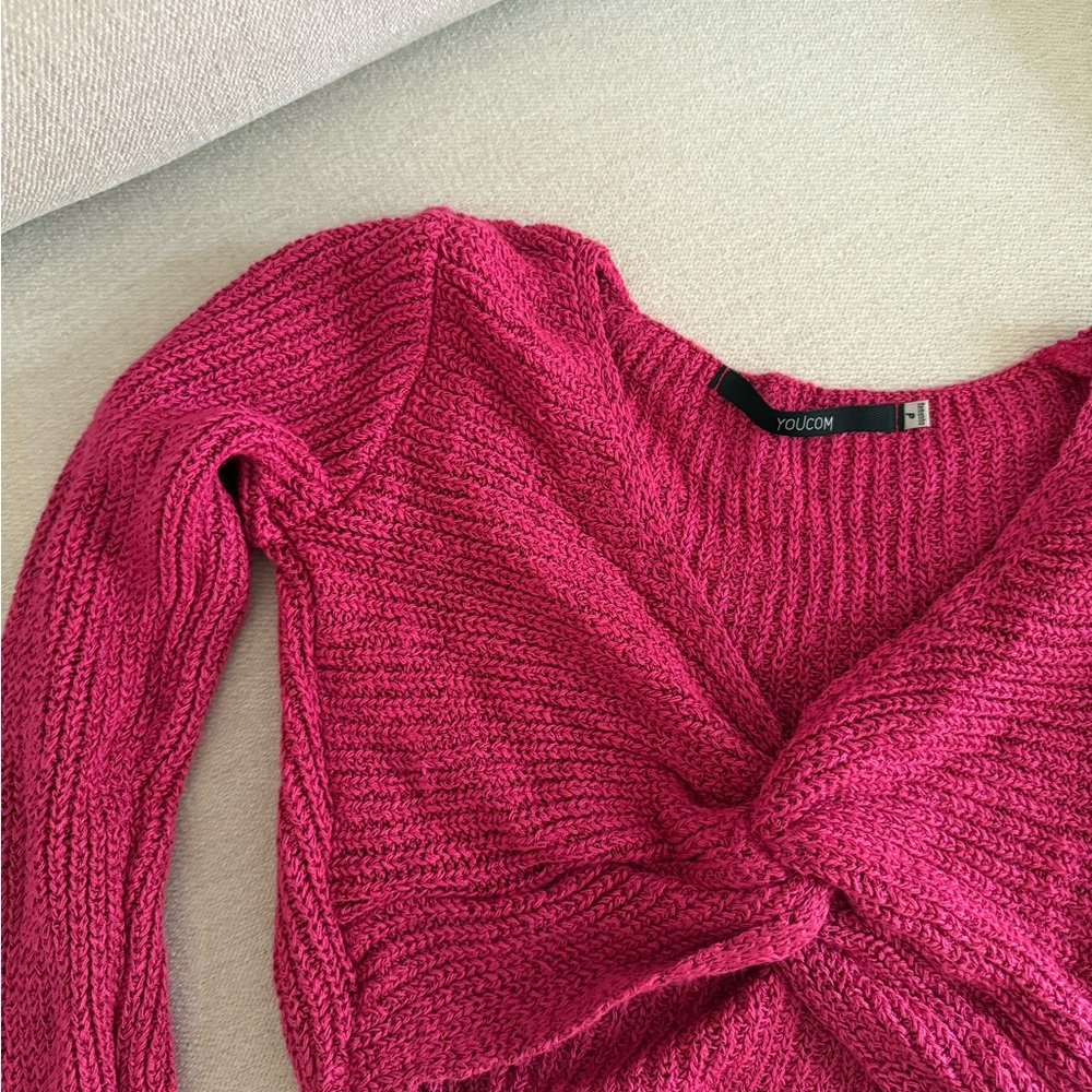 Pink Ribbed Crop Top with Tie Front - Picture 3 of 4